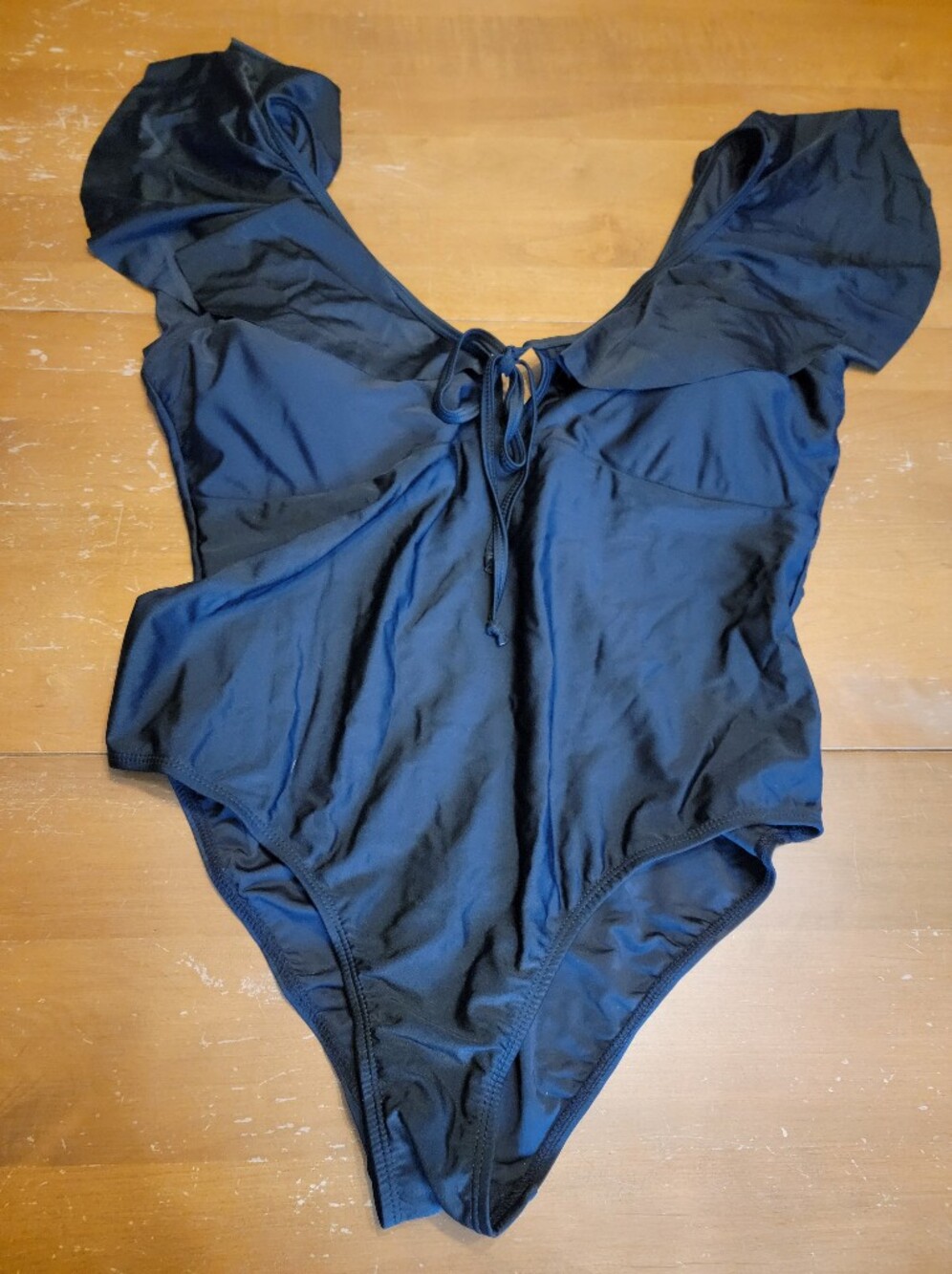 Black One-Piece Swimwear with Ruffle Shoulders